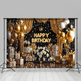 Aperturee - Aperturee Black Gold Balloon Gift Happy Birthday Photo Backdrop